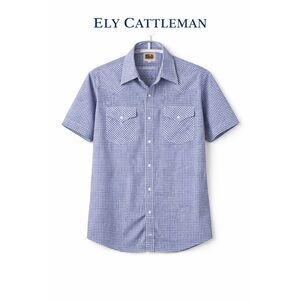 Ely Cattleman Blue White Check Pearl Snap Western Shirt Short‎ Sleeve M